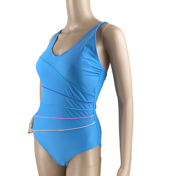 New Miss Adola Women Light Blue Stripes One Piece Padded Swimwear Swimsuit 8 - Picture 2 of 6